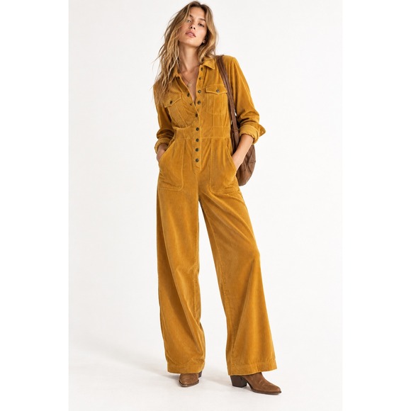 Parisienne et Alors Pants - Parisienne et Alors Corduroy Jumpsuit Mustard Yellow 38 Long Sleeve Utility Boho